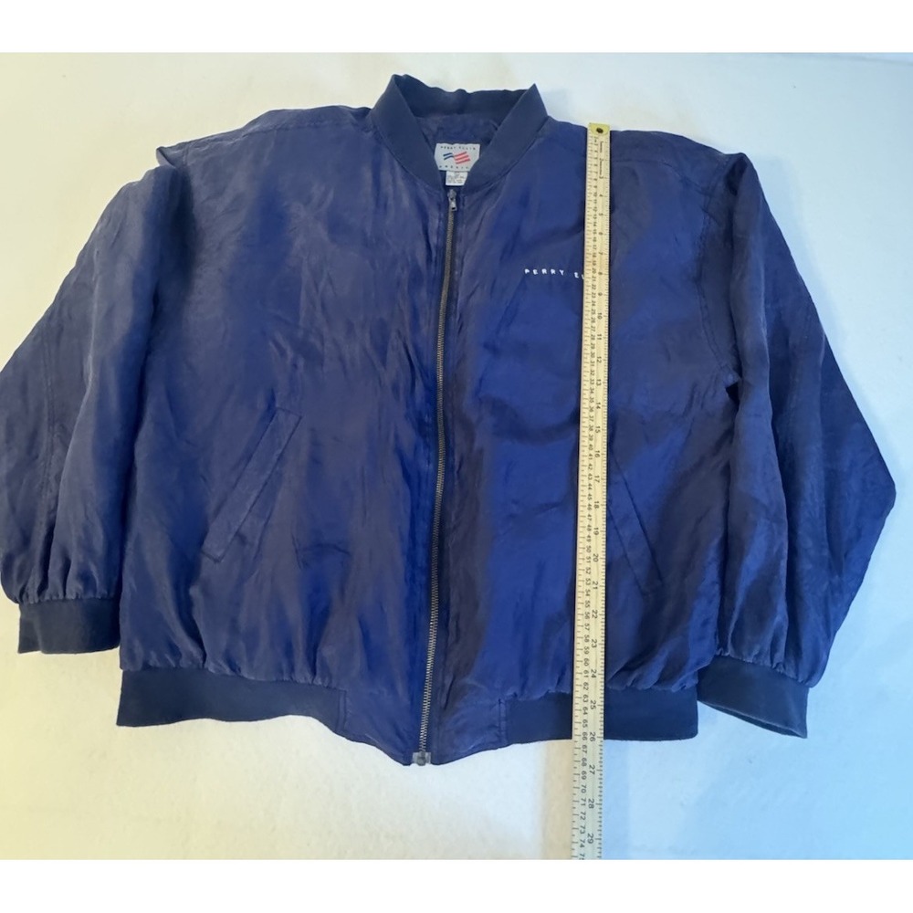 Vintage Perry Ellis America Silk Bomber Jacket Mens XL Navy Blue Full Zip 90s